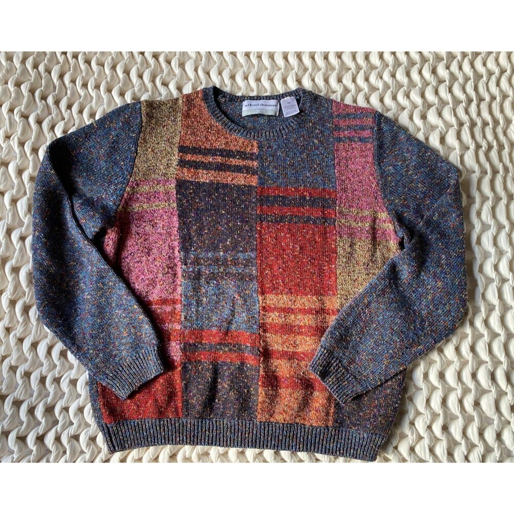 Patchwork Silk Colorful Alfred Dunner Sweater Petite Medium PM Flecked Knit Boho